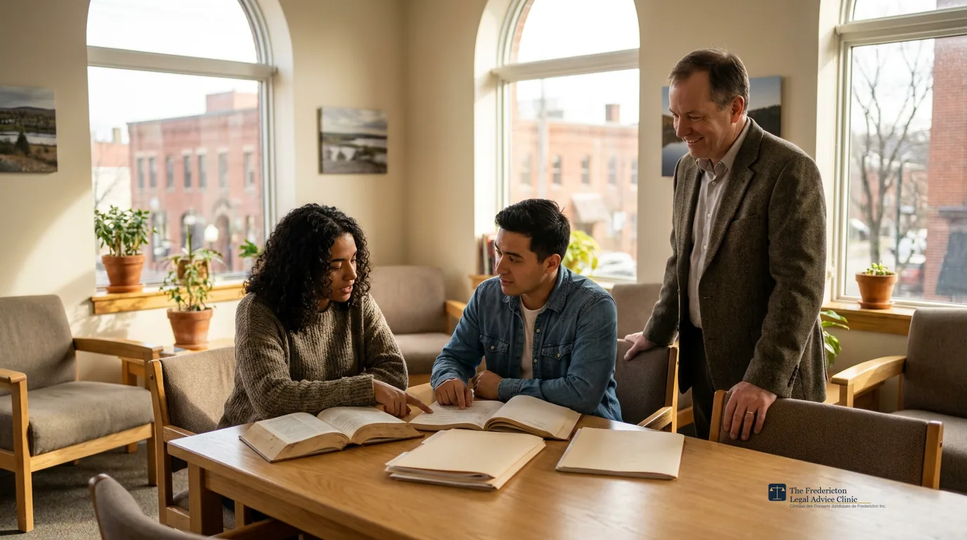 UNB law students studying legal materials with a supervising lawyer mentor in a Fredericton community clinic room