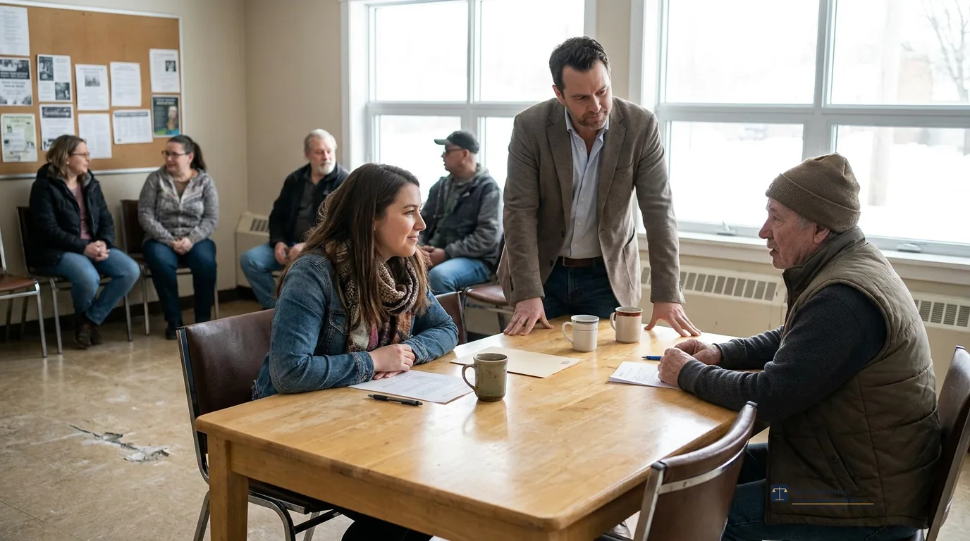 A law student and volunteer lawyer meet with a community member at a free legal advice clinic in Fredericton, New Brunswick