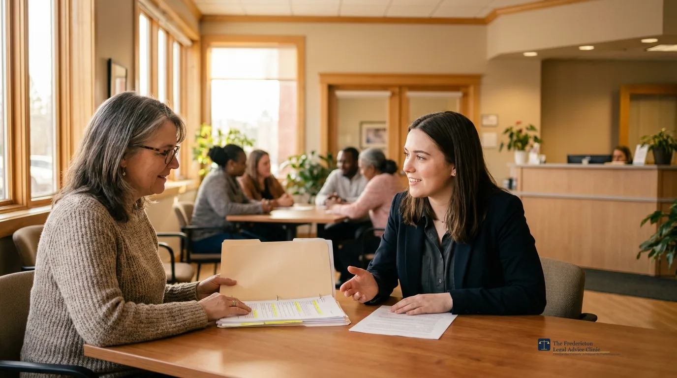 A volunteer lawyer and UNB law student reviewing legal notes together at a community clinic table in Fredericton, New Brunswick